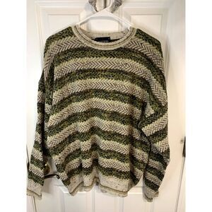 Vintage Lorenzo Large Wool Blend Green Multi Striped Pullover Sweater Italy